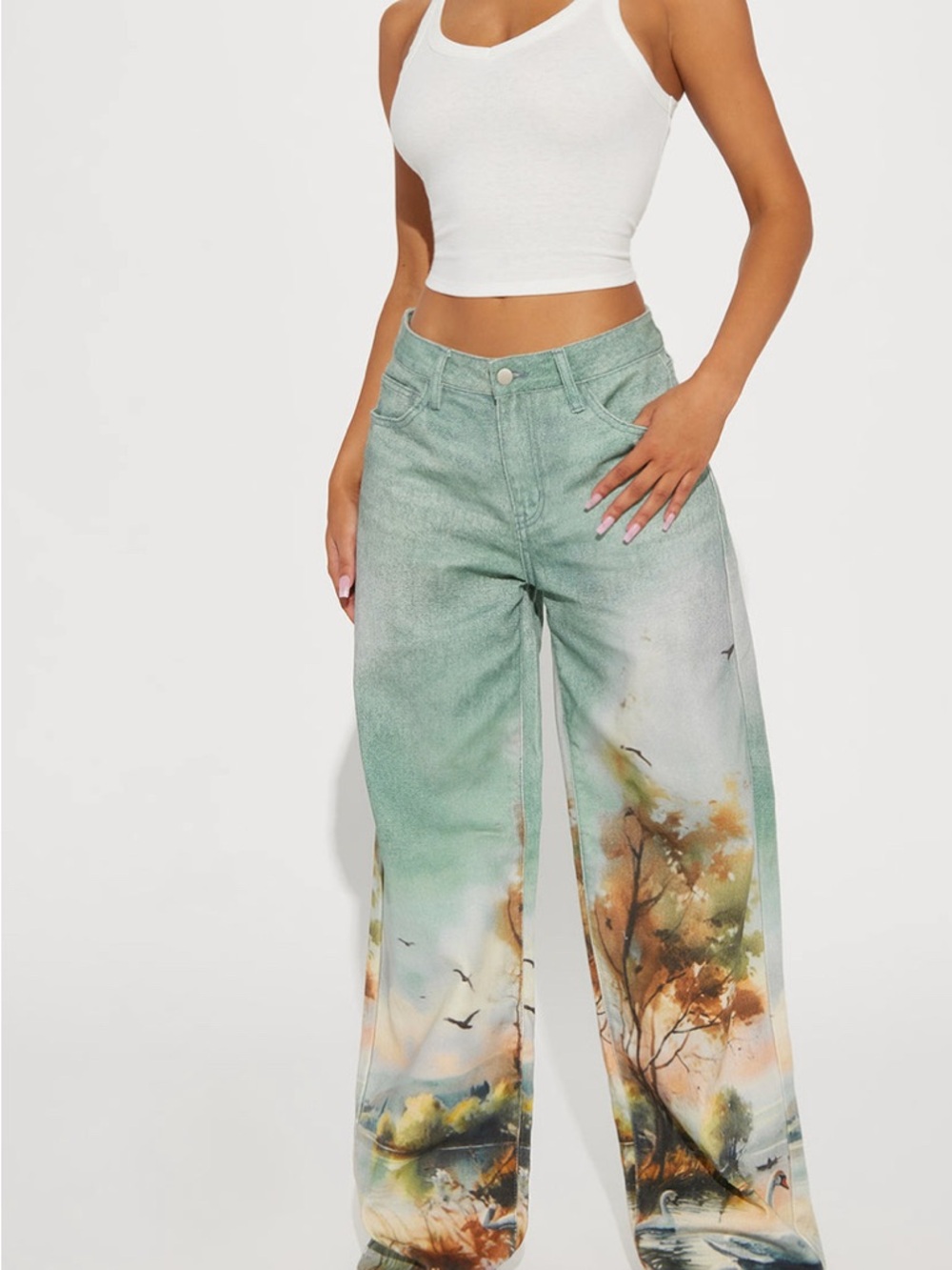 Women’s Wide-Leg Jeans with Scenic Print